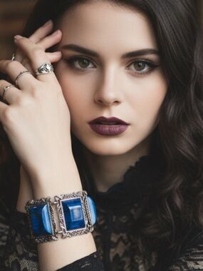 Whimsigoth Chunky Vintage Statement Bracelet  Blue Stones Scroll Work SilverTone